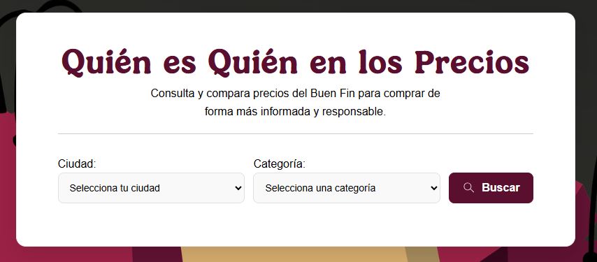 Interfaz de la página web de Quién es Quién en los Precios por parte de la Profeco con menús desplegables por ciudad y categoría
