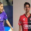 Collage de fútbol. Izquierda, la futbolista Marta con uniforme morado de Orlando. Derecha, el futbolista del Atlas con uniforme rojinegro. En el centro, un trof