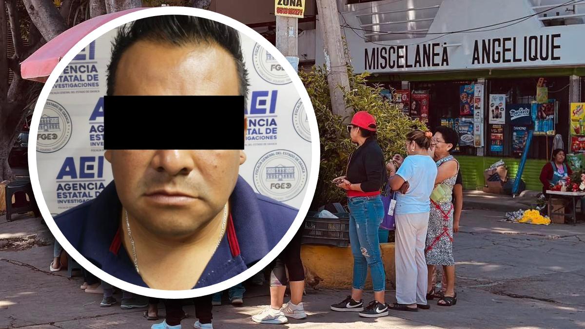 Rostro de un hombre con los ojos cubiertos, sobrepuesto en una imagen de la Unidad Habitacional Ricardo Flores Magón, en Oaxaca.