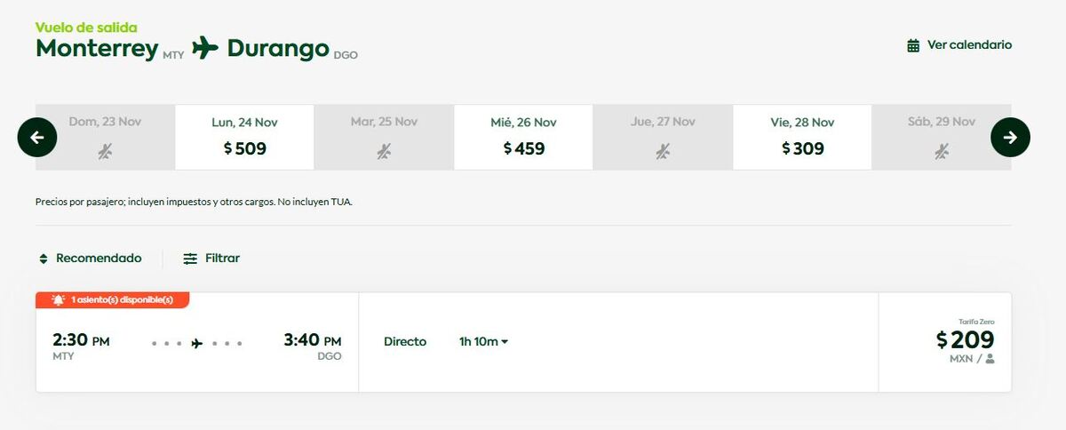 Página de Viva Aerobus sobre vuelos a Durango.