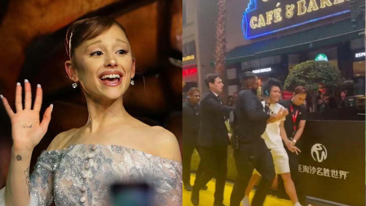 Ariana Grande sonriendo y saludando a sus fans, mientras que Johnson Wen es arrestado por agredir a la cantante durante el evento