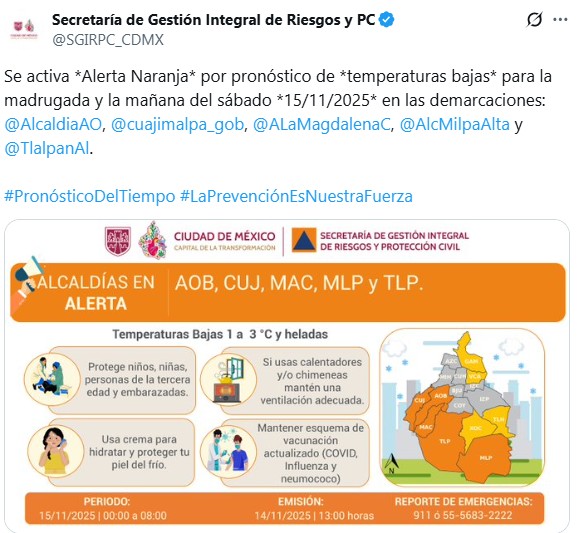 Comunicado de la SGIRPC de alerta naranja por frío en 5 alcaldías