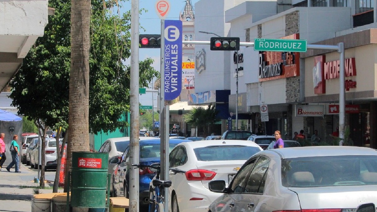 Autos estacionados en fila frente a un semáforo y un bote de basura