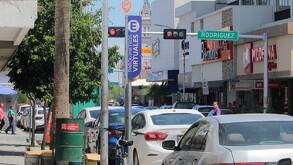Autos estacionados en fila frente a un semáforo y un bote de basura