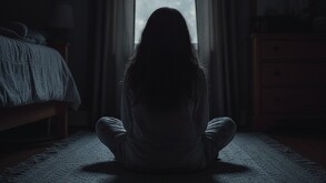 Una niña con cabello largo está sentada en el piso frente a una ventana y en un cuarto oscuro.