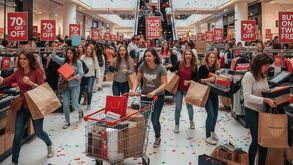 Imagen generada con IA de Gemini de personas haciendo compras compulsivas.