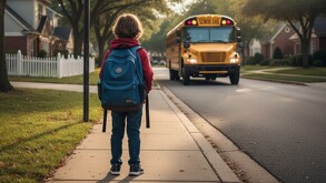Niño de espaldas con sudadera roja y mochila azul en un paradero esperando el autobús escolar en Estados Unidos