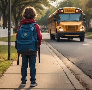 Niño de espaldas con sudadera roja y mochila azul en un paradero esperando el autobús escolar en Estados Unidos