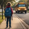 Niño de espaldas con sudadera roja y mochila azul en un paradero esperando el autobús escolar en Estados Unidos