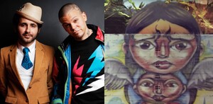 Integrantes de calle 13 al lado de mural de una niña y un niño