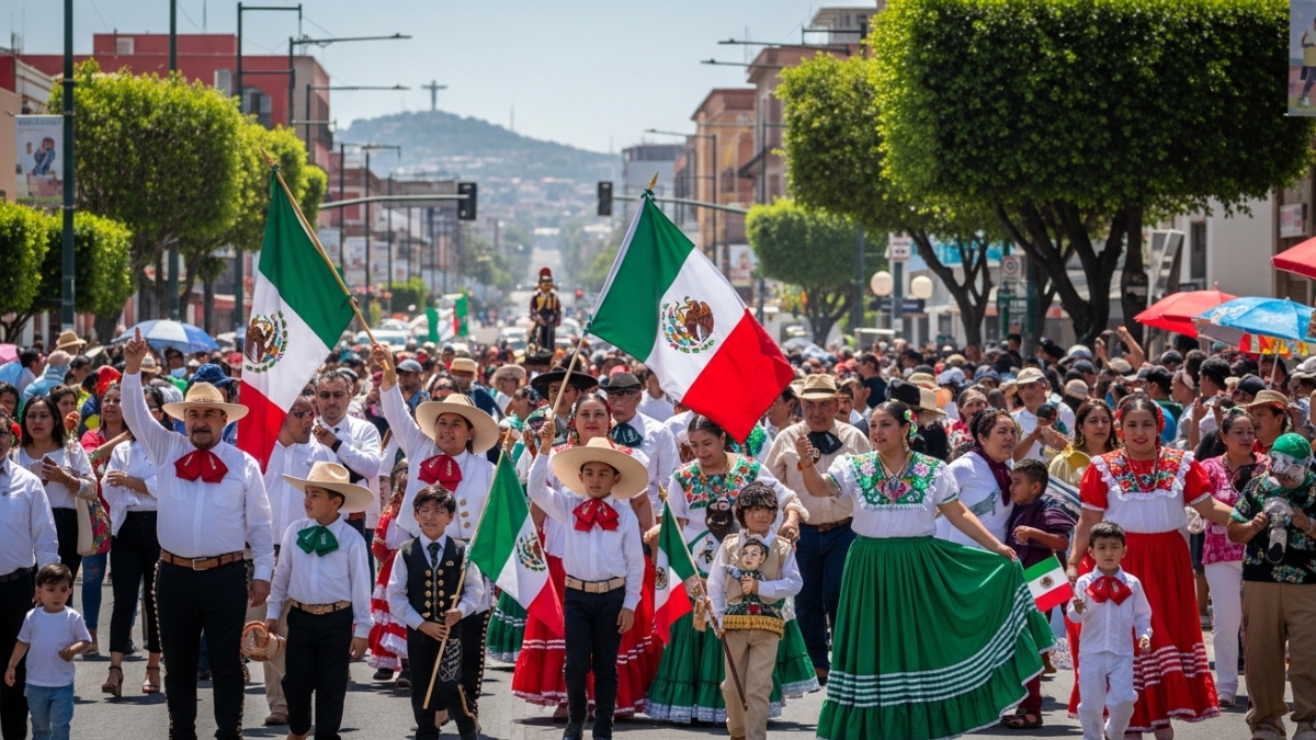 Personas caminando por las calles de Torreón durante el desfile de la Revolución Mexicana con vestimenta típica mexicana