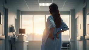 Hay una mujer adolescente con una bata color azul que está embarazada en un hospital.