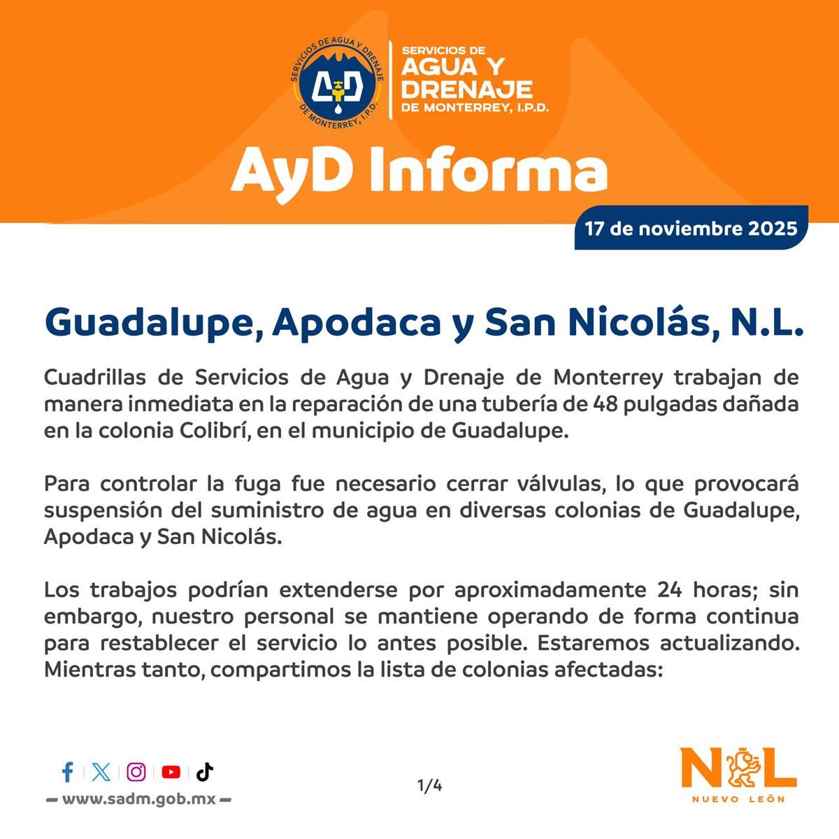 Comunicado de Agua y Drenaje de Monterrey sobre cortes del servicio