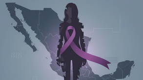 Ilustración digital contra la violencia de género. Una silueta de mujer con un lazo morado está frente a un mapa de México sobre un fondo gris. Se lee: 
