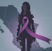 Ilustración digital contra la violencia de género. Una silueta de mujer con un lazo morado está frente a un mapa de México sobre un fondo gris. Se lee: 