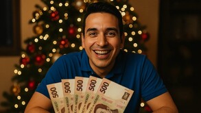 Hombre trabajadore recibiendo el pago de su aguinaldo.