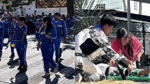 Imagen dividida: Izquierda, personas con uniforme deportivo azul marchan. Derecha, un rescatista vestido con atuendo folclórico tradicional atiende una lesión d
