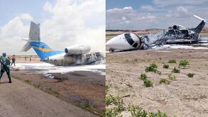 Avión Airjet Angola destrozado completamente tras un accidente aéreo.