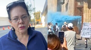 A la izquierda: Cristina González, madre de la joven detenida, a las afueras de la Fiscalía. A la derecha: manifestantes a las afueras del Palacio de Gobierno
