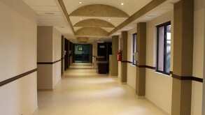 Se observa un pasillo con paredes color beige, unas ventanas a los costados y una puerta al fondo.