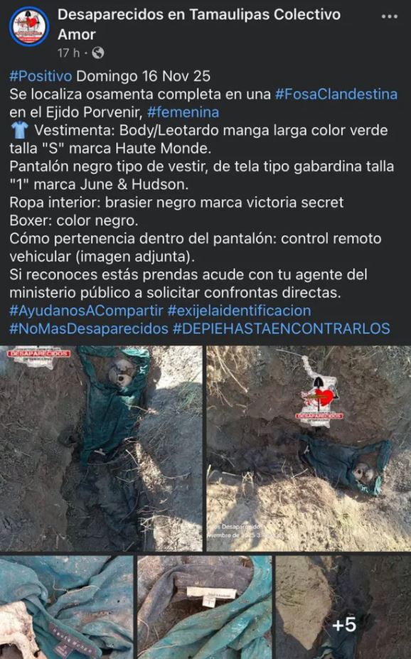 Publicación de Desaparecidos Tamaulipas Colectivo Amor sobre osamenta.