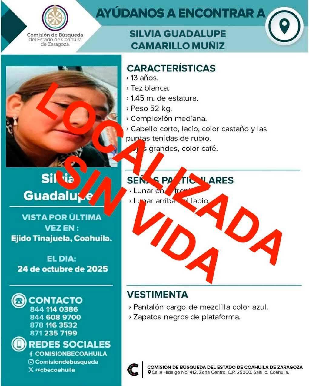 La noche del domingo 16 de noviembre fue encontrado el cuerpo sin vida de Silvia Guadalupe, menor que estaba desaparecida en Saltillo desde octubre.