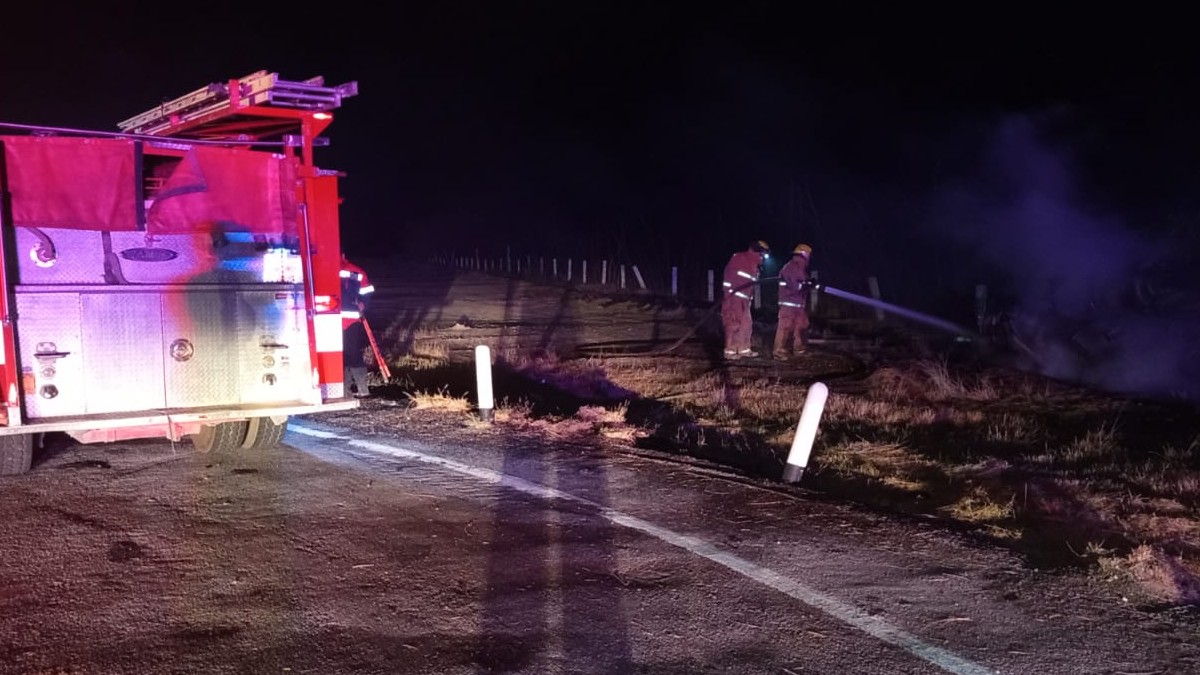 Camión de bomberos en carretera con arbusto y dos bomberos rociando agua con manguera
