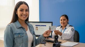 Mujer en un módulo de la Secretaría de transporte recibiendo en sus manos su licencia de conducir con una funcionaria detrás del mostrador haciendo la entrega