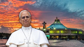 Papa Leon XIV y de fondo la Basílica de Guadalupe