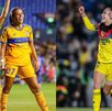 María Sánchez de Tigres femenil e Irene Guerrero del América, festejando un gol en Cuartos de Final en el Apertura 2025.