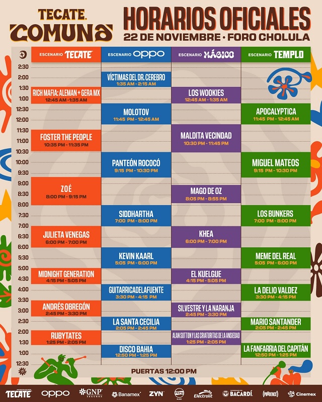 Lista de horarios de artistas para su presentación en un festival de música en Puebla.