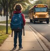 Niño de espaldas con sudadera roja y mochila azul en un paradero esperando el autobús escolar en Estados Unidos