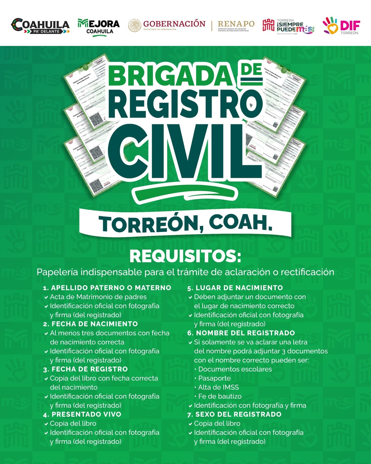 El Sistema para el Desarrollo Integral de la Familia Torreón, invitan a la Brigada de Servicios del Registro Civil que se llevará a cabo el 19 y 20 de noviembre