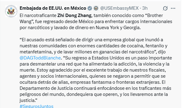Comunicado de la Embajada de EU en México sobre caso Zhi Dong Zhang