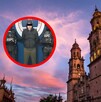 Composición de imagen: primer plano de un detenido (con ojos censurados) esposado, flanqueado por dos agentes de seguridad. El fondo muestra una catedral
