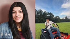 Cazzu sonriendo junto a christian Nodal quien se encuentra en un tractor posando para la foto pero sin ver a la cámara.