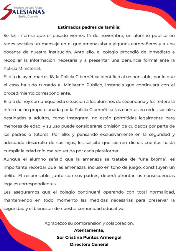 El Instituto de Valle Arizpe garantizó que habrá consecuencias para los alumnos y padres de quienes realizaron las bromas y las amenazas.