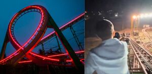 Las personas bajando de la montaña rusa