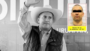 Composición en blanco y negro de un político con sombrero vaquero haciendo un saludo, junto a una foto de fichaje de un hombre rapado, identificado como Ramón 