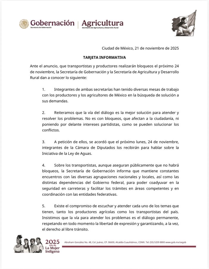 Transportistas mantiene mesa de diálogo con Segob y prevé que no habrán bloqueos para el lunes 24 de noviembre del 2025.