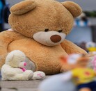 Oso de peluche de gran tamaño en color café al lado de peluche rosa y blanco