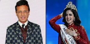 Fátima Busch portando la corona como nueva Miss Universo 2025 y a un lado Omar Harfouch.