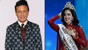 Fátima Busch portando la corona como nueva Miss Universo 2025 y a un lado Omar Harfouch.