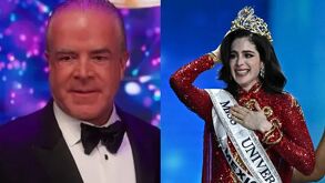 Raúl Rocha y a un lado Fátima Bosch recibiendo la coroa de Miss Universo 2025.