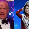 Raúl Rocha y a un lado Fátima Bosch recibiendo la coroa de Miss Universo 2025.