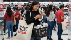 Mujer dentro de tienda viendo su celular con bolsa del Black Friday al hombro, audífonos en las manos y una canasta con productos de tecnología