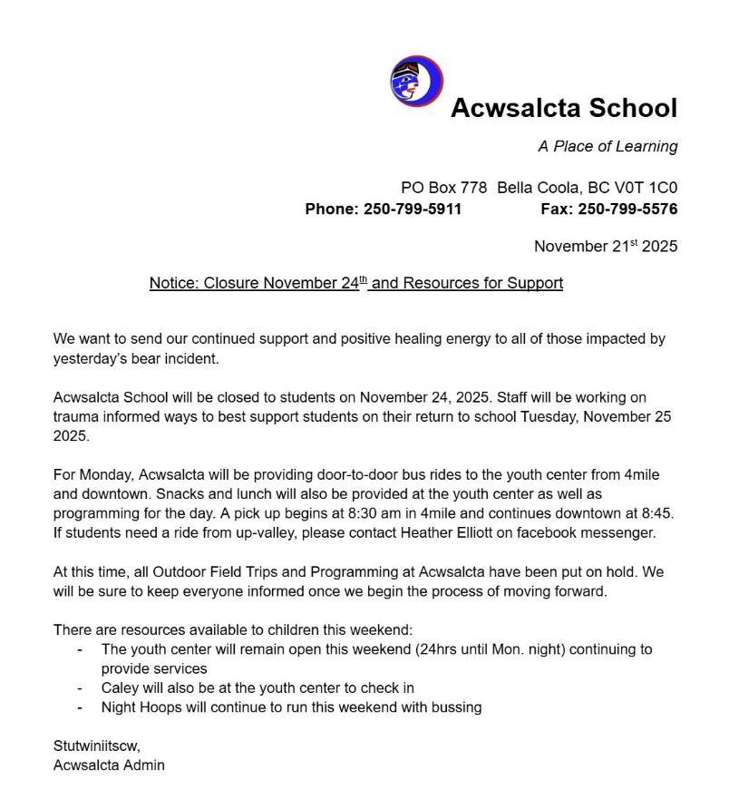 Comunicado oficial del colegio Acwsalcta en Canadá realizado a través de Facebook sobre el ataque de un oso grizzly
