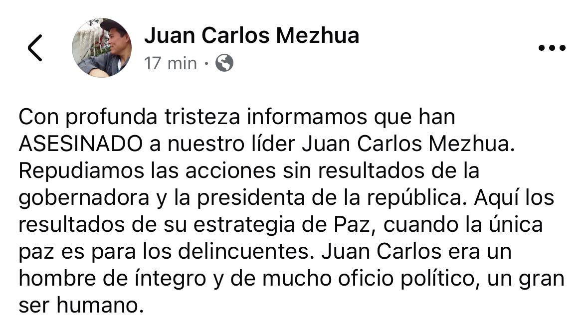 Juan Carlos Mezhua Campos mensaje de su muerte en Facebook.