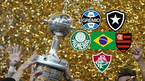 Trofeo de la Copa Libertadores rodeado de equipos brasileños.