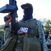 Miembros del CJNG vistiendo uniforme de camuflaje y sosteniendo armas largas sobre un terreno con plantas en Michoacán